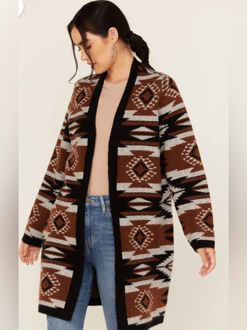 Shyanne Southwestern Duster Open Front Cardigan Brown Gray Black Medium